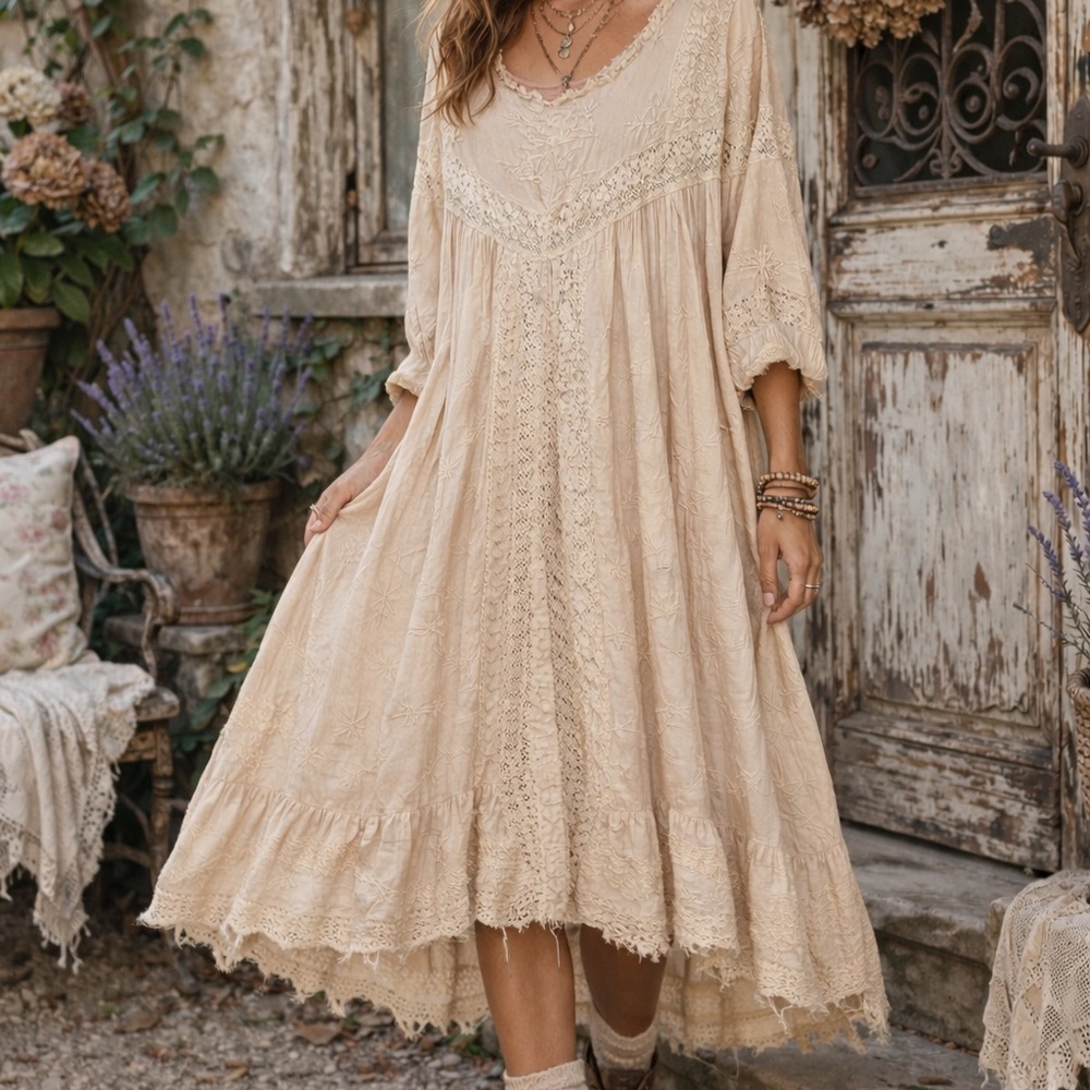 Magnolia Pearl Cream Lace-Trim Midi Dress